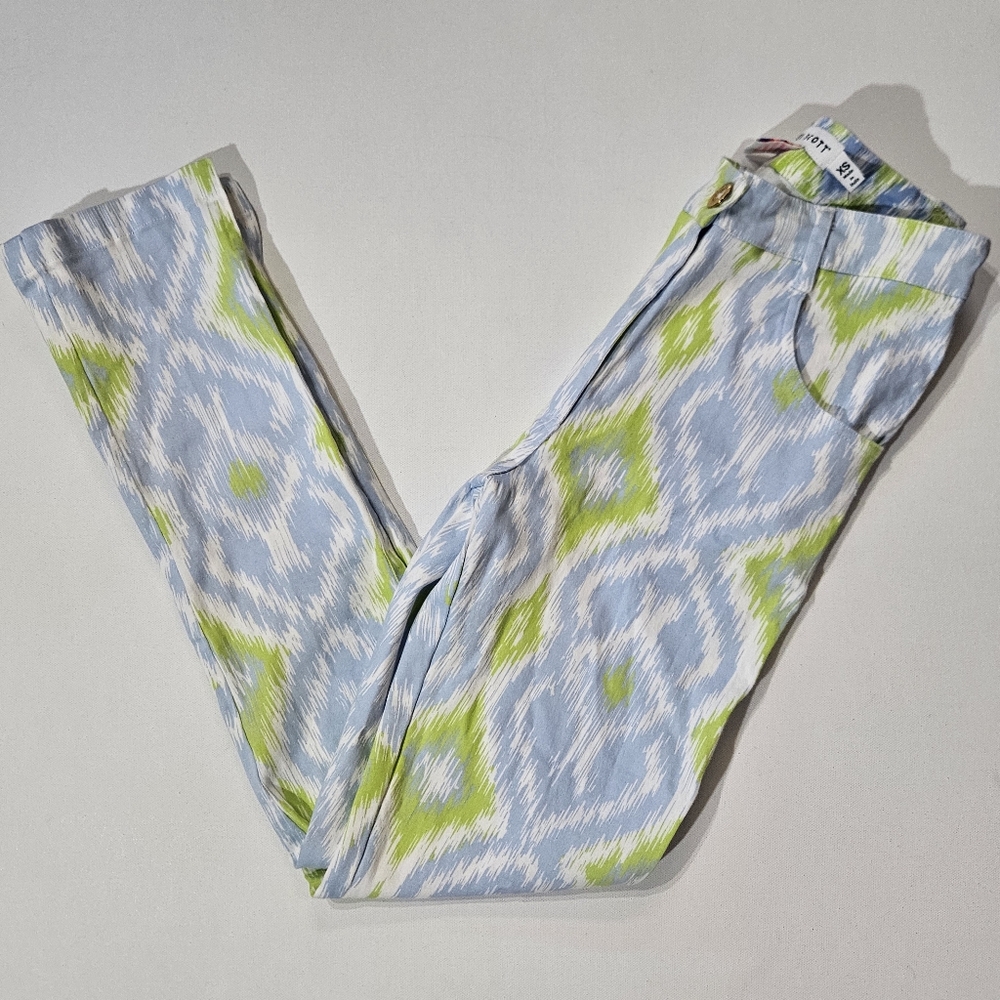 Gretchen Scott Gripe Less Pants Womens XS Blue Lime Green Ikat Skinny Leg Casual